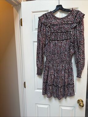 Rails Black Floral Long-Sleeve Smocked Mini Dress with Red Accents